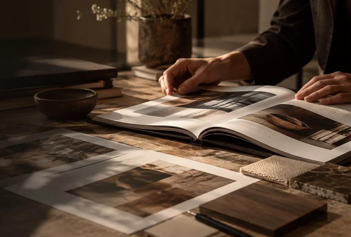 Hands turning the pages of a book of craft references on a wooden table