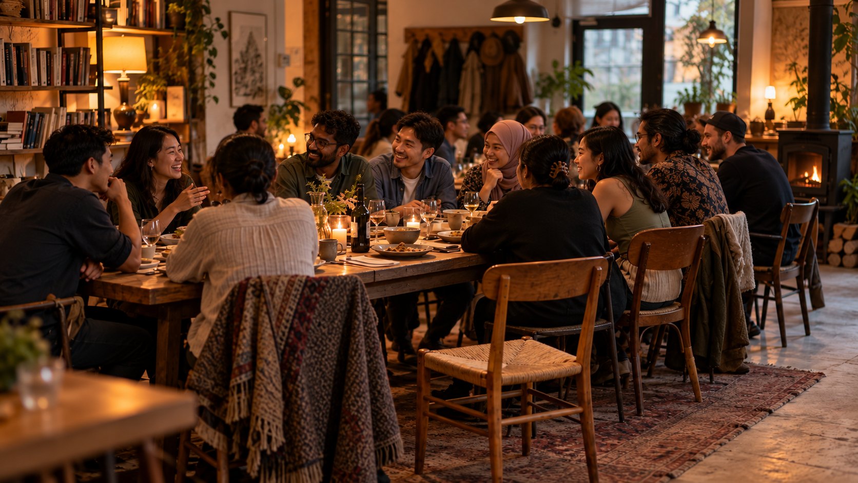 People sharing a long candlelit table in a warm, lived-in room
